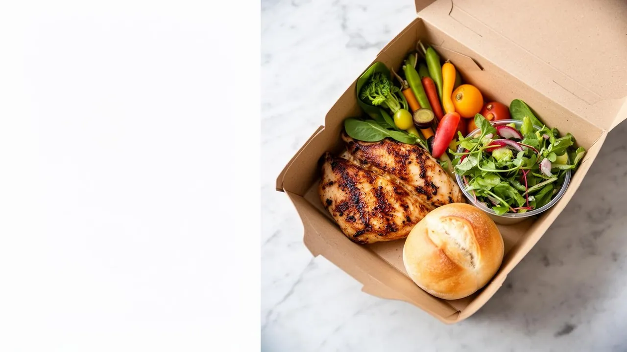 Boxed meal catering Daly City — grilled chicken, roasted vegetables, and salad packed in a single-serving container