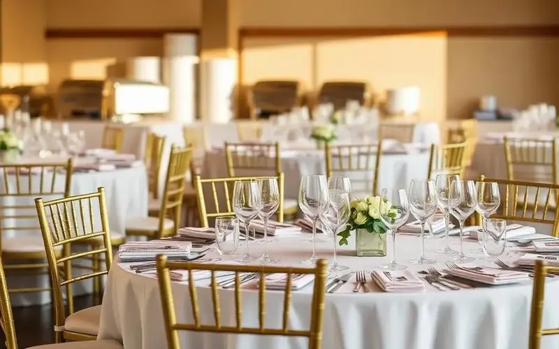 Round guest tables with formal dinnerware, wine glasses, and gold chairs set for an SF wedding reception