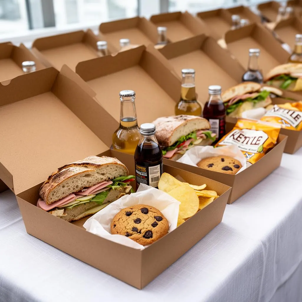 Boxed lunches labeled and stacked for a workplace delivery