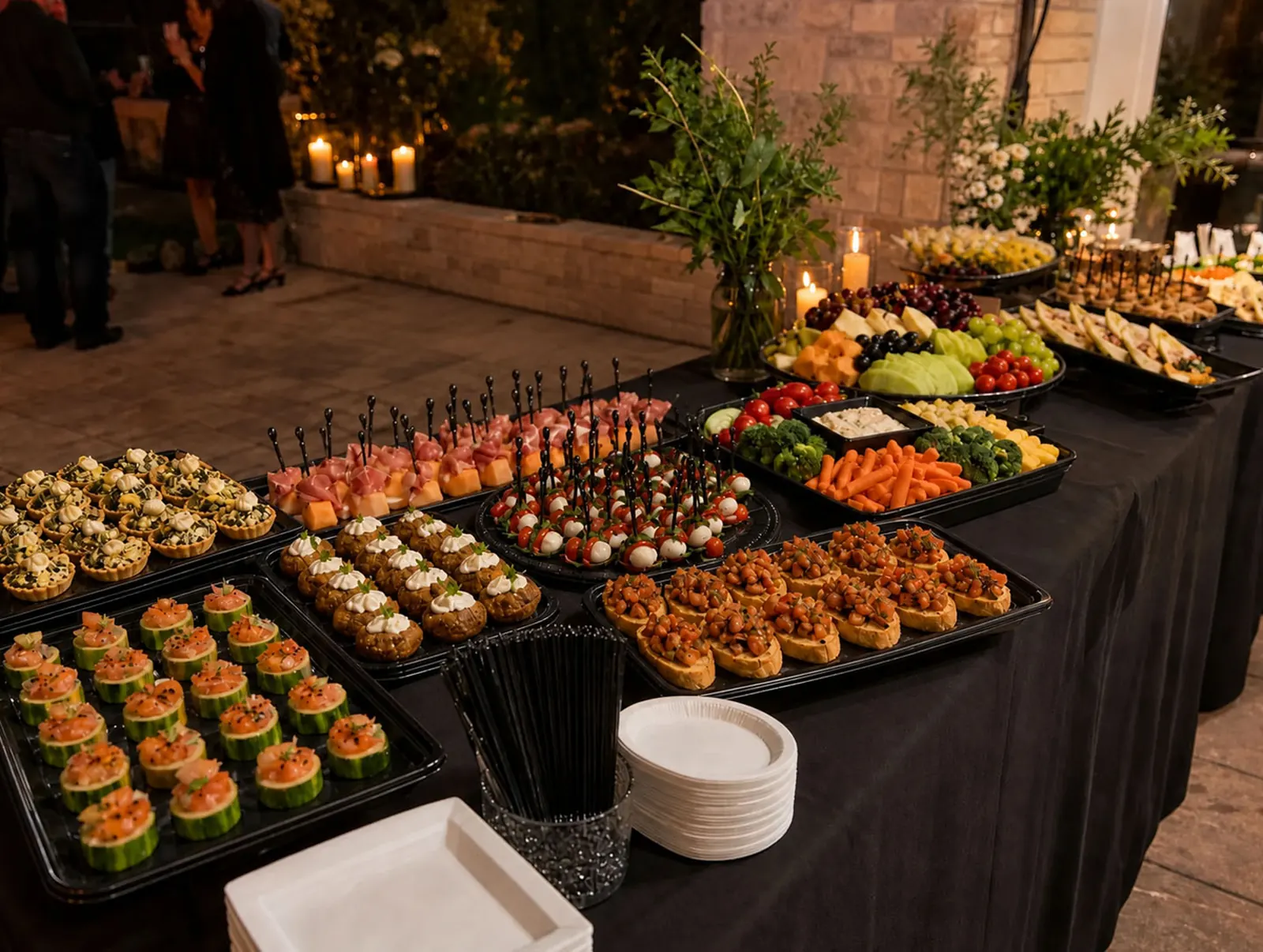 Drop-Off Appetizer Station Elegant evening drop-off appetizer station with caprese skewers, prosciutto and melon, bruschetta, stuffed mushrooms, smoked salmon cucumber cups, artichoke tartlets, crudité, fresh fruit and cheese trays, and candlelit florals by Winslow's Catering San Francisco