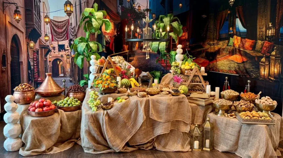 Jewel-toned grazing tablescape of dates, figs, nuts and honeyed sweets layered with decorative props