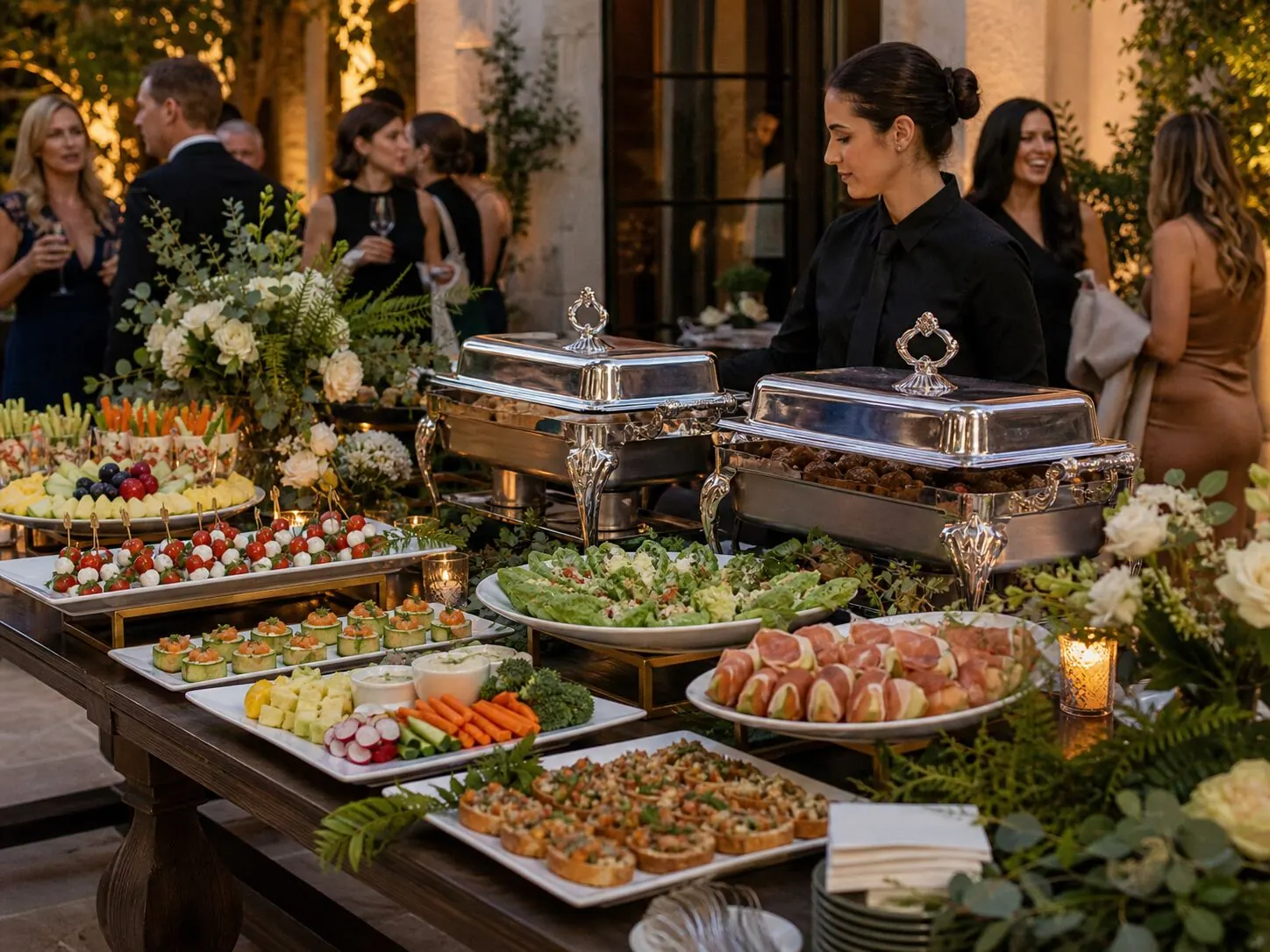 Attended hors d'oeuvres station framed with fresh blooms beside warm chafers on an outdoor terrace