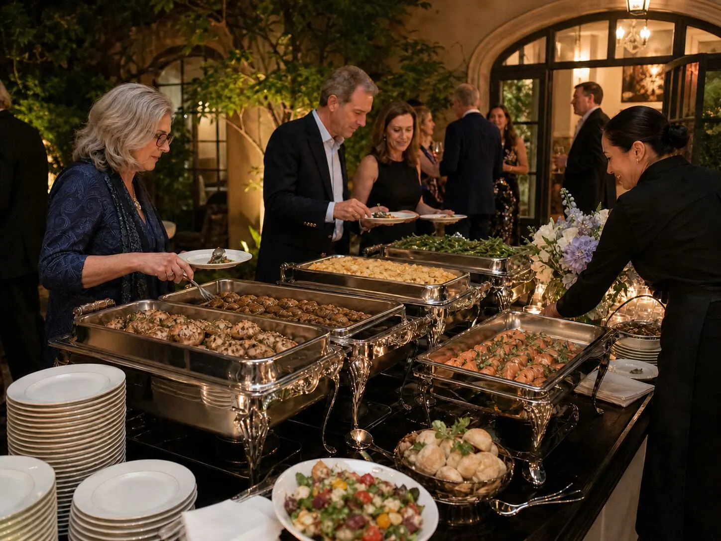 Dinner buffet with carving station during staffed service