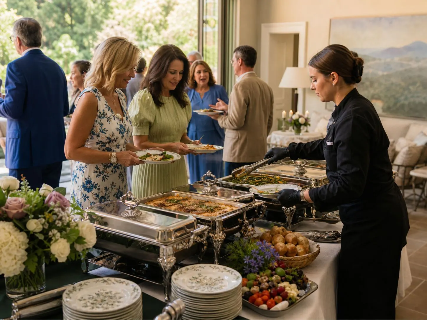 Lunch buffet set along a wall in a reception room