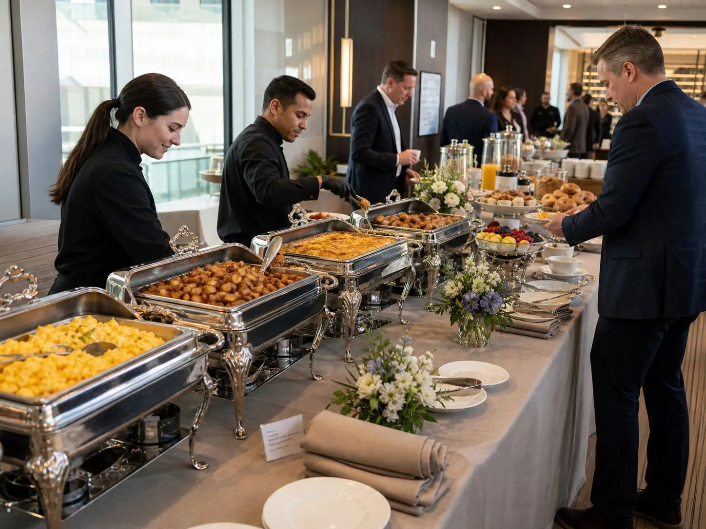 Staffed lunch buffet with chafing dishes and an attendant at a San Francisco corporate event catered by Winslow's Catering