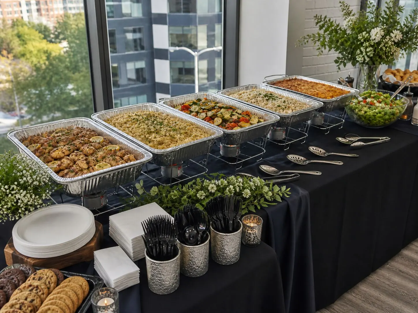 Hot entree trays delivered and arranged in a community room