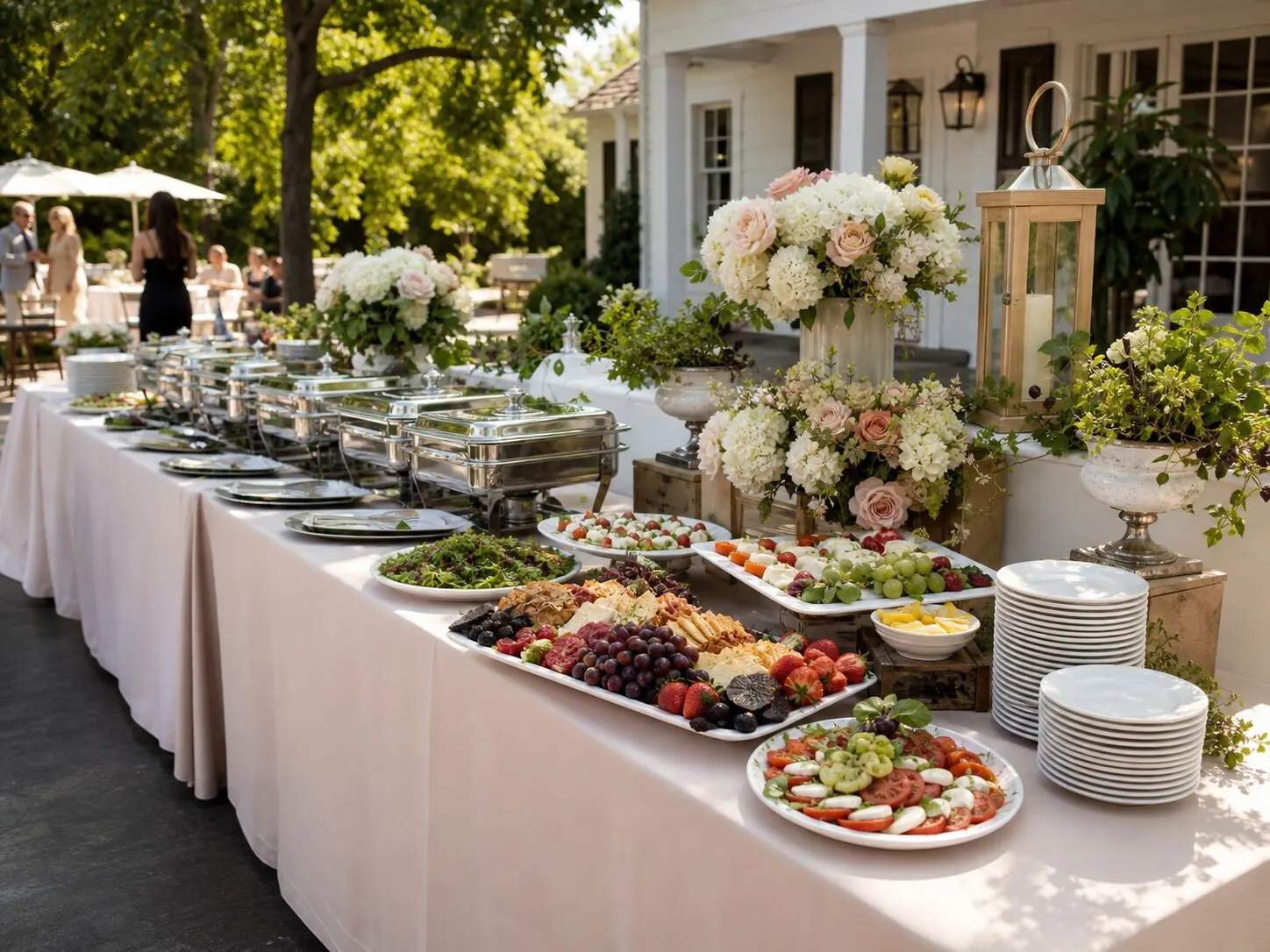 Open-air supper buffet with garden arrangements set beside polished chafers, meat boards and cut fruit