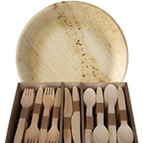 Wooden style plate, spoons and forks for wedding catering